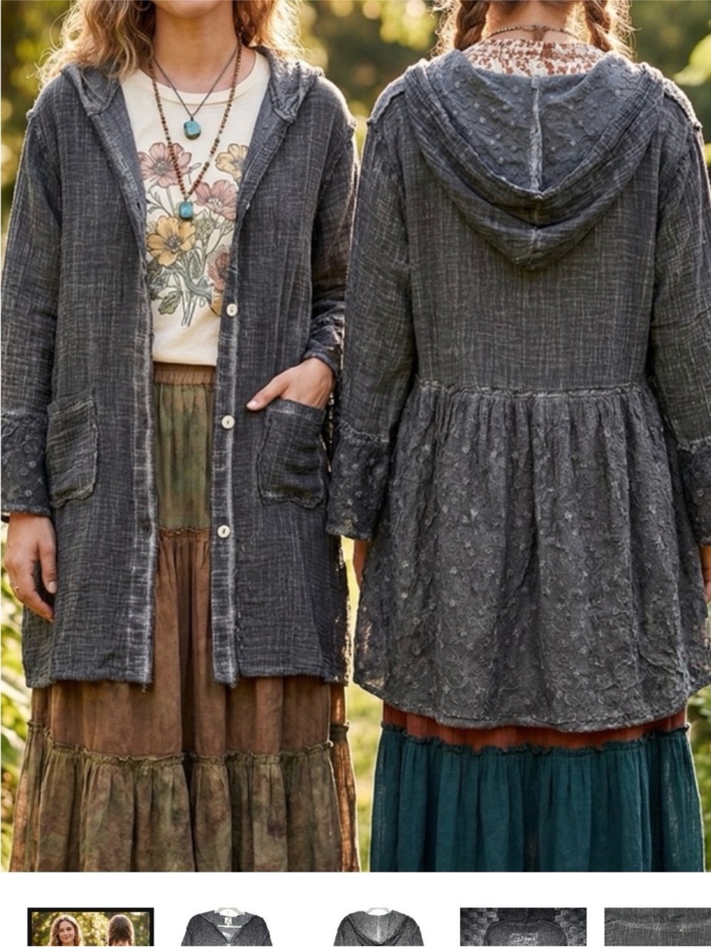 Jaded Gypsy Hooded Button-Front Tunic Jacket/Shrug in Charcoal Gray
